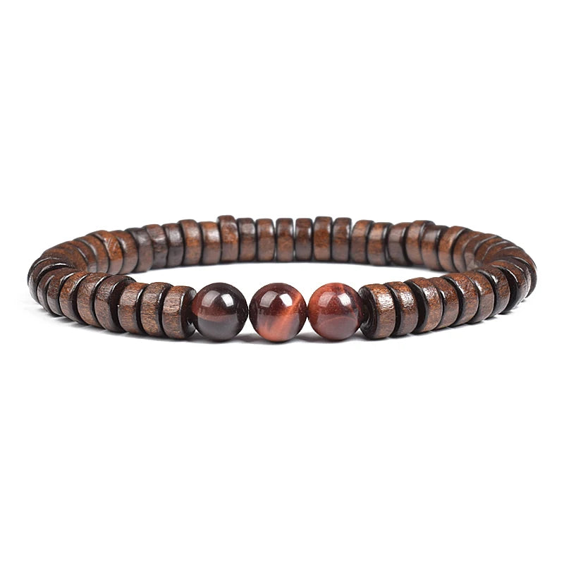 Cylindrical Wood Beads With Natural Stone Bracelet For Men