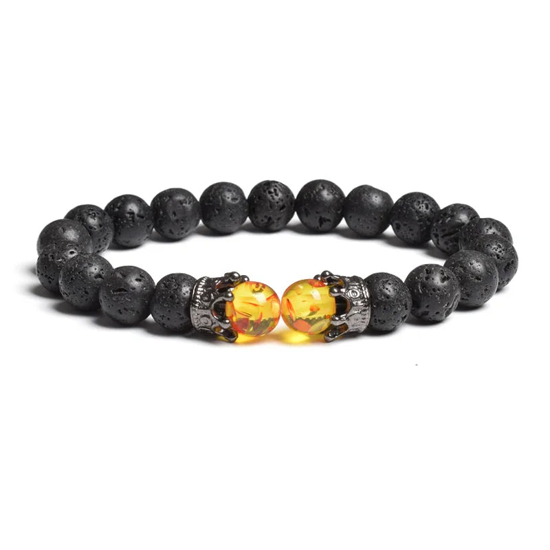Black Lava Stone Crown Charm Tiger Eye Beads Bracelet