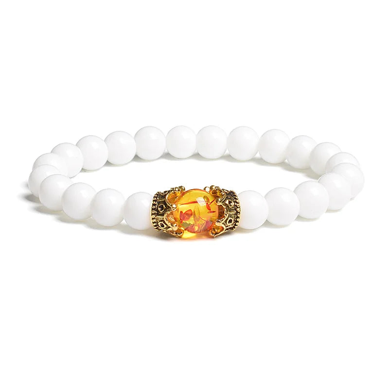 Black Lava Stone Crown Charm Tiger Eye Beads Bracelet