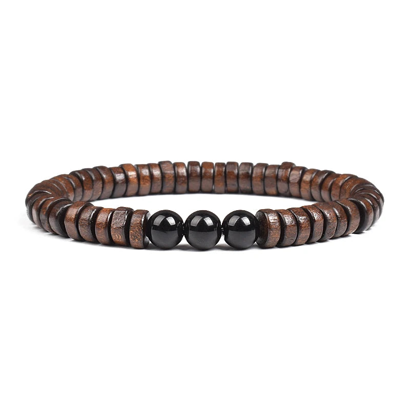 Cylindrical Wood Beads With Natural Stone Bracelet For Men