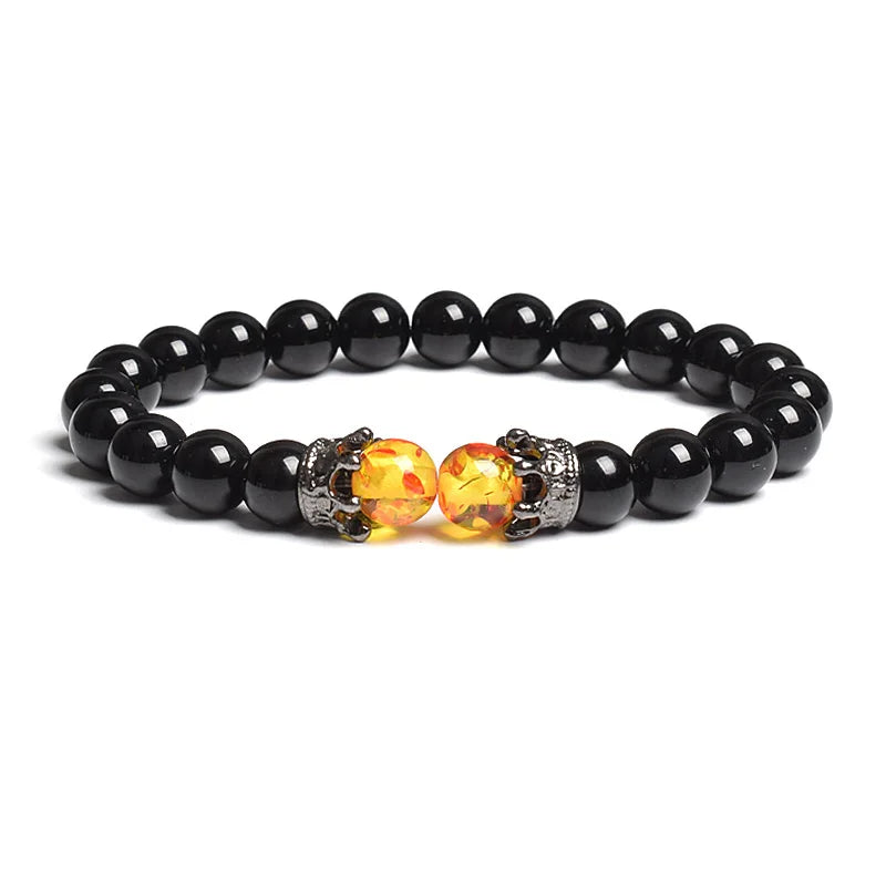 Black Lava Stone Crown Charm Tiger Eye Beads Bracelet