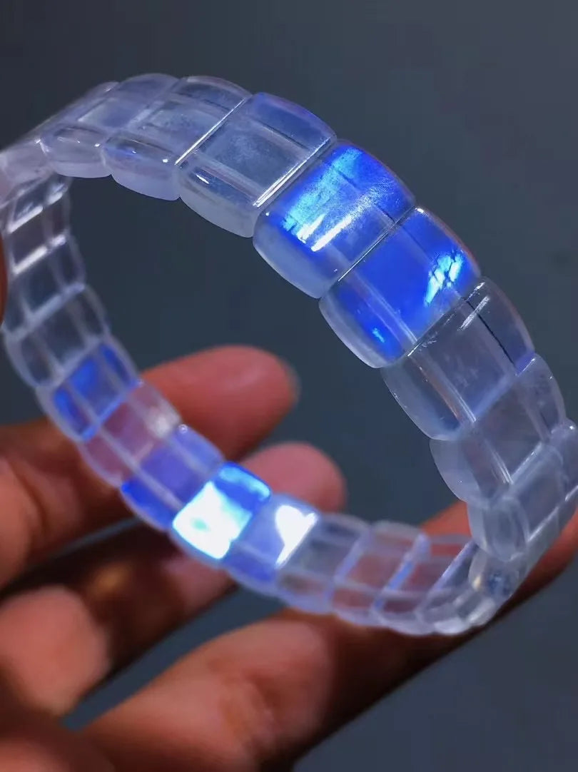 Blue Moonstone Bracelet – Natural Rectangular Beads, Healing Crystal