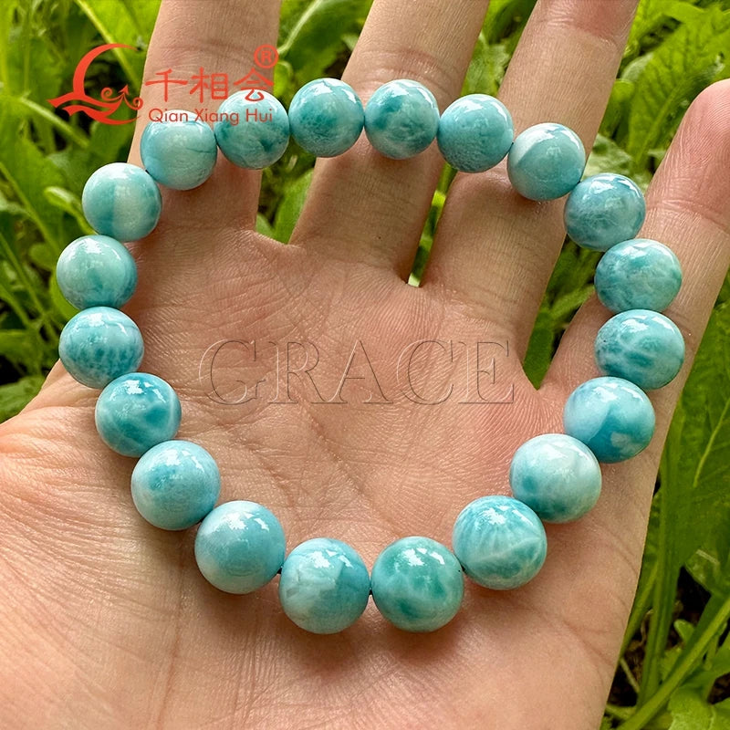 Natural Larimar Bracelet – 10mm Round Gemstone for Women & Men