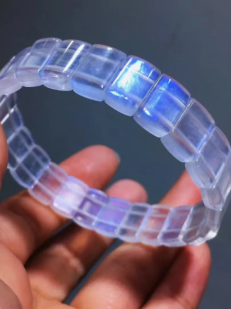 Blue Moonstone Bracelet – Natural Rectangular Beads, Healing Crystal