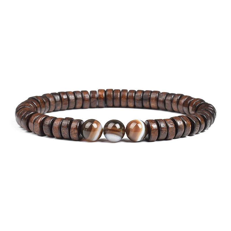 Cylindrical Wood Beads With Natural Stone Bracelet For Men
