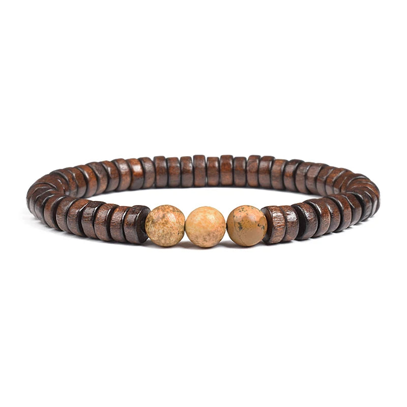 Cylindrical Wood Beads With Natural Stone Bracelet For Men