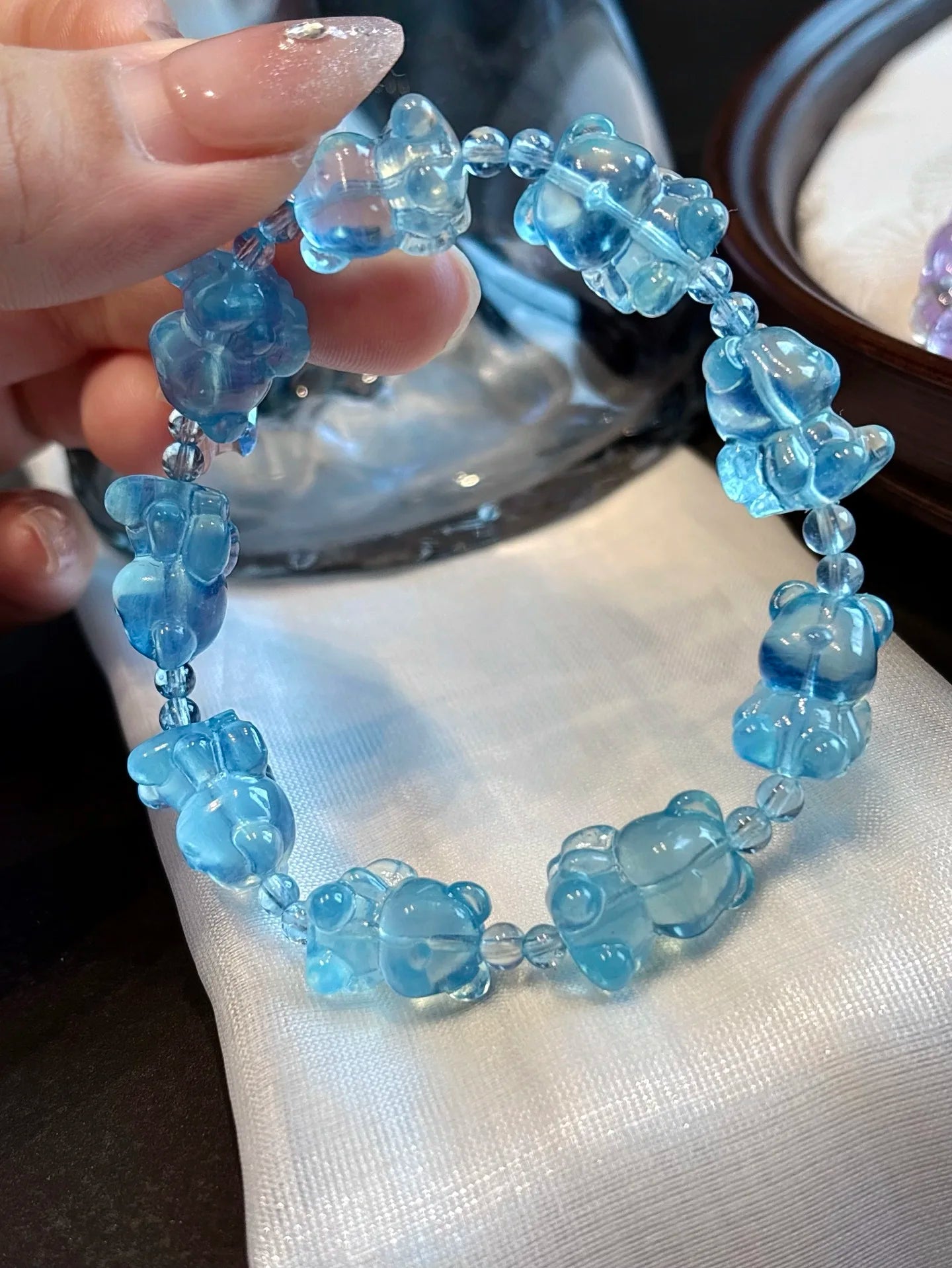 Deep Blue Aquamarine Bear Beads Bracelet – Natural 11x15mm for Women & Men
