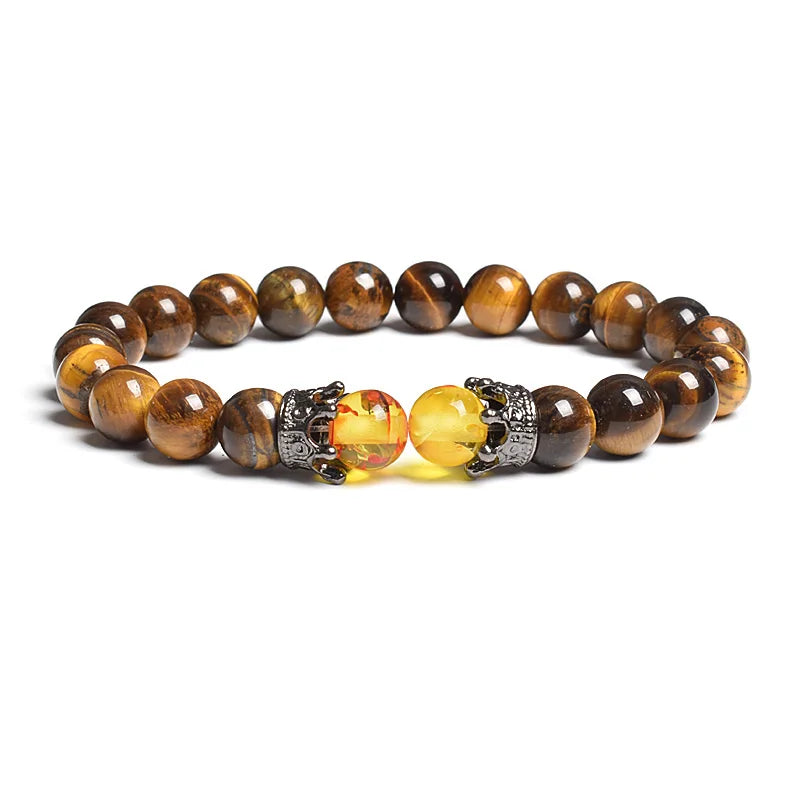 Black Lava Stone Crown Charm Tiger Eye Beads Bracelet