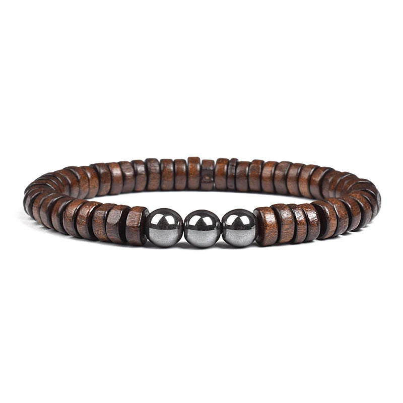 Cylindrical Wood Beads With Natural Stone Bracelet For Men