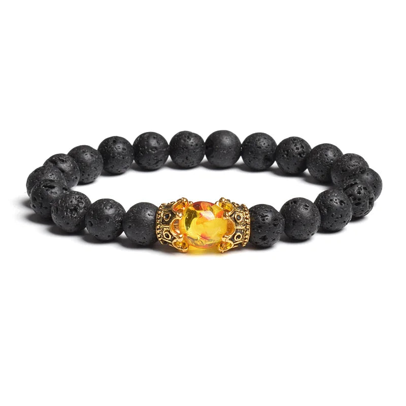 Black Lava Stone Crown Charm Tiger Eye Beads Bracelet