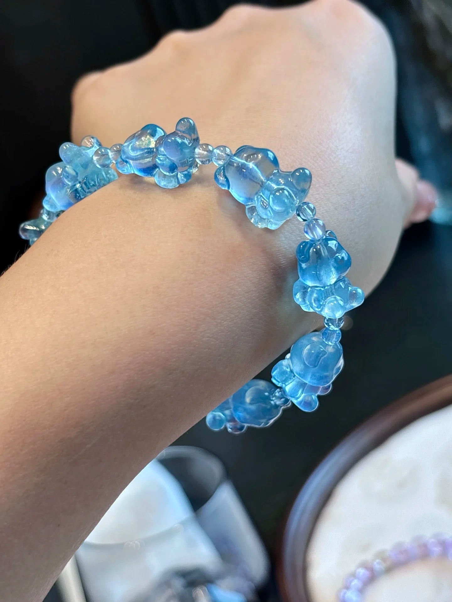 Deep Blue Aquamarine Bear Beads Bracelet – Natural 11x15mm for Women & Men