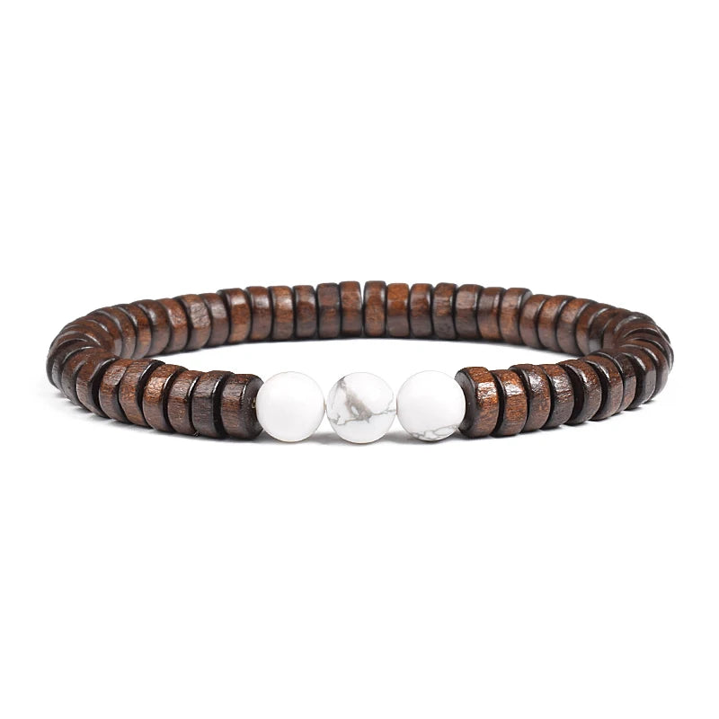 Cylindrical Wood Beads With Natural Stone Bracelet For Men