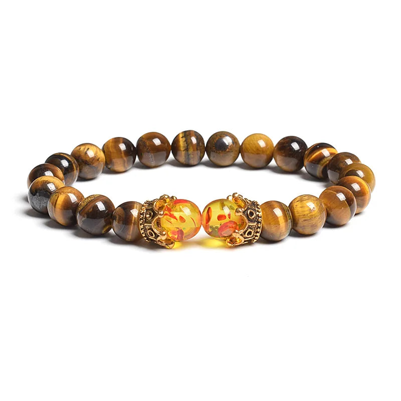 Black Lava Stone Crown Charm Tiger Eye Beads Bracelet