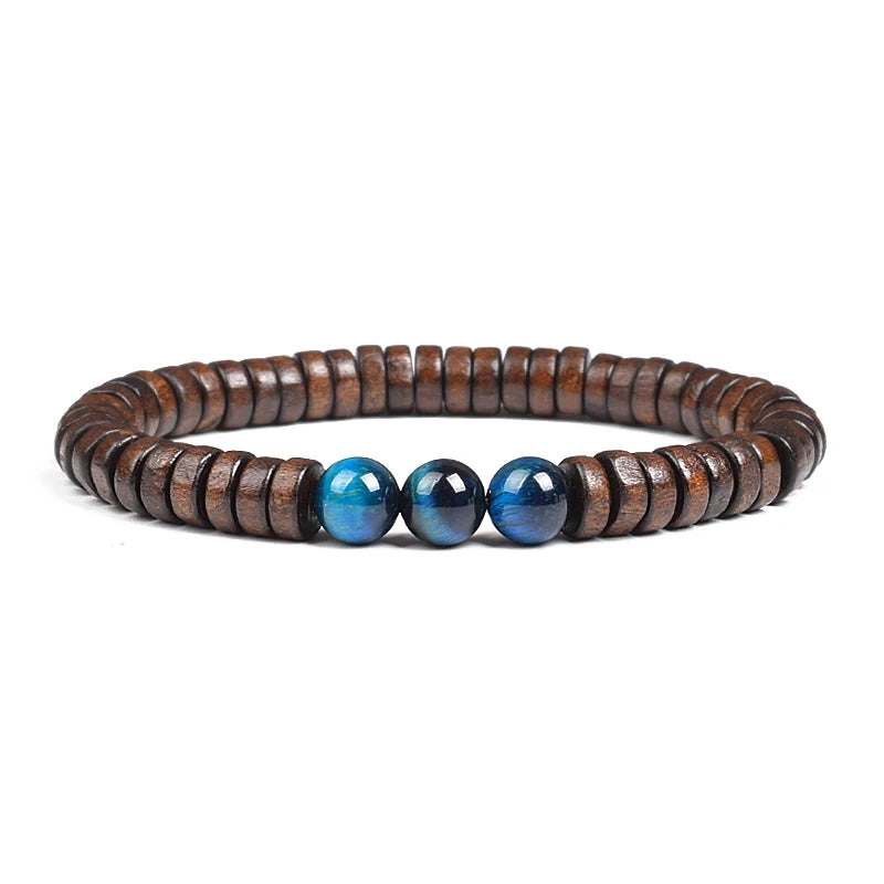 Cylindrical Wood Beads With Natural Stone Bracelet For Men