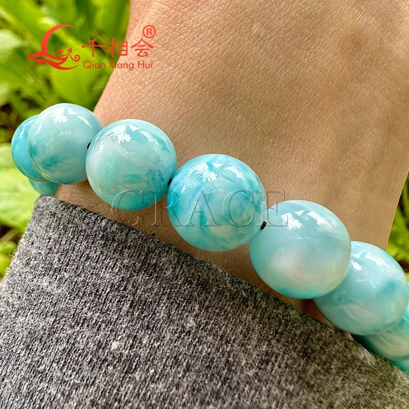 Natural Larimar Bracelet – 10mm Round Gemstone for Women & Men