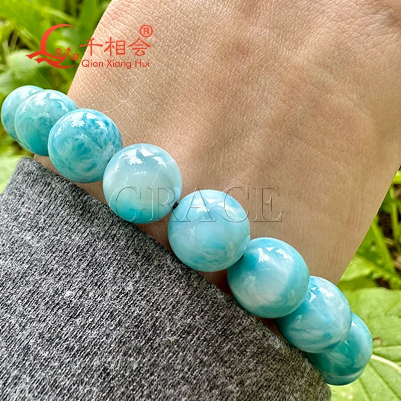 Natural Larimar Bracelet – 10mm Round Gemstone for Women & Men