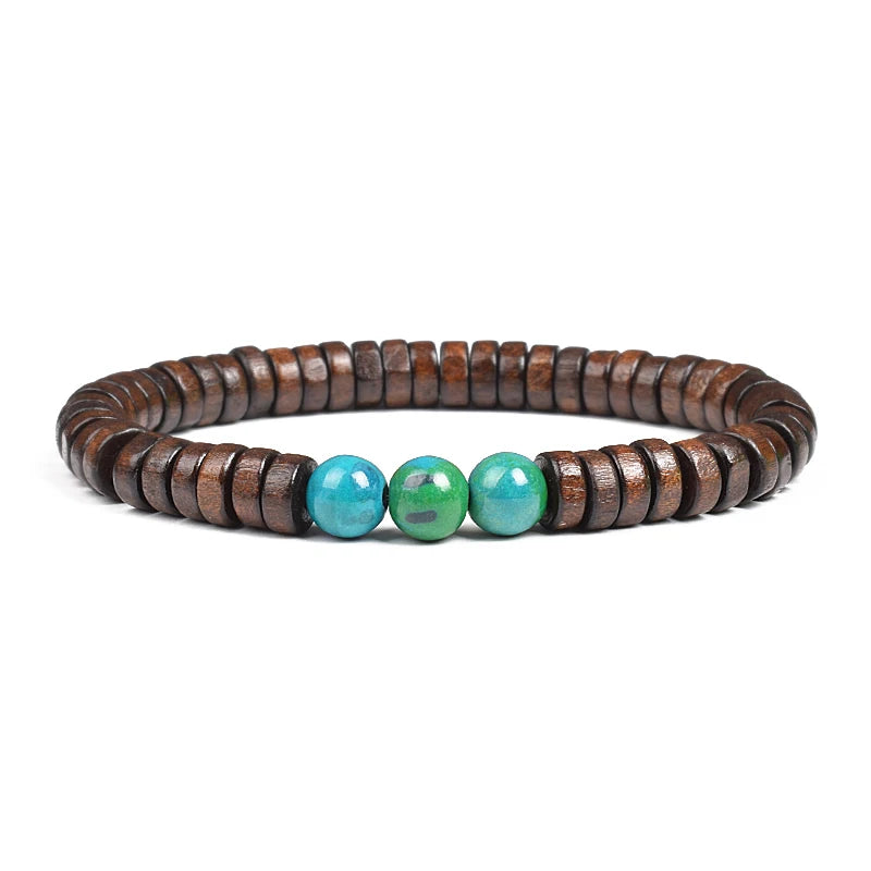Cylindrical Wood Beads With Natural Stone Bracelet For Men