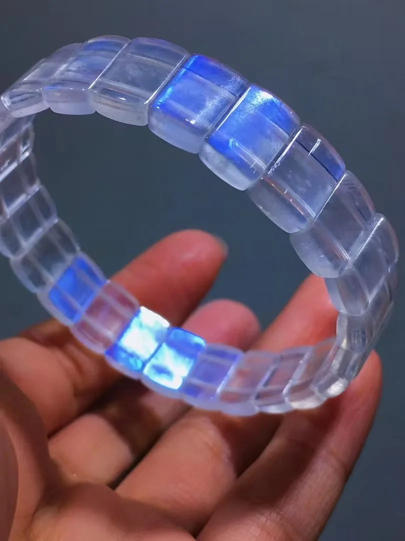 Blue Moonstone Bracelet – Natural Rectangular Beads, Healing Crystal
