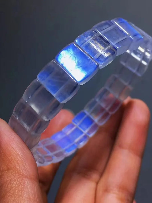 Blue Moonstone Bracelet – Natural Rectangular Beads, Healing Crystal