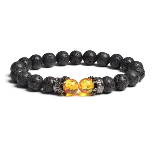 Black Lava Stone Crown Charm Tiger Eye Beads Bracelet