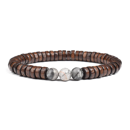 Cylindrical Wood Beads With Natural Stone Bracelet For Men