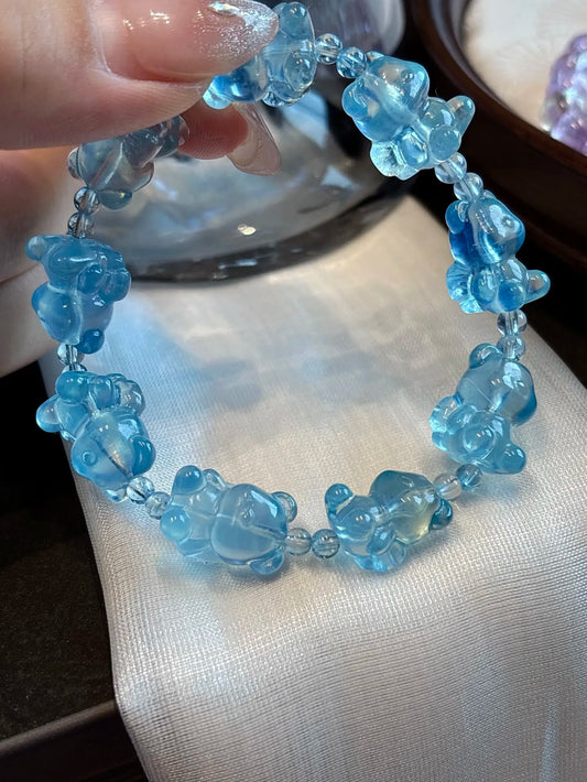 Deep Blue Aquamarine Bear Beads Bracelet – Natural 11x15mm for Women & Men