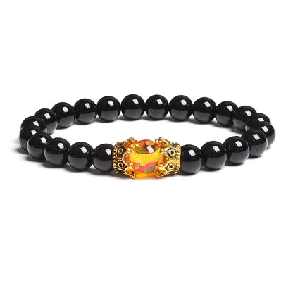 Black Lava Stone Crown Charm Tiger Eye Beads Bracelet