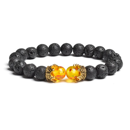 Black Lava Stone Crown Charm Tiger Eye Beads Bracelet