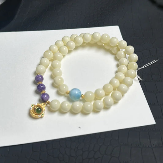 Natural Beeswax & White Honey Charoite Bracelet – Sea-Pattern Stone