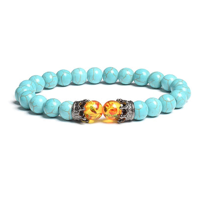 Black Lava Stone Crown Charm Tiger Eye Beads Bracelet