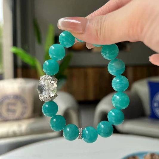 Natural Tianhe Stone Bracelet – Blue-Green Amazon Round Beads, Crystal Gemstone Accessory