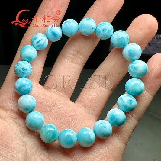 Natural Larimar Bracelet – 10mm Round Gemstone for Women & Men