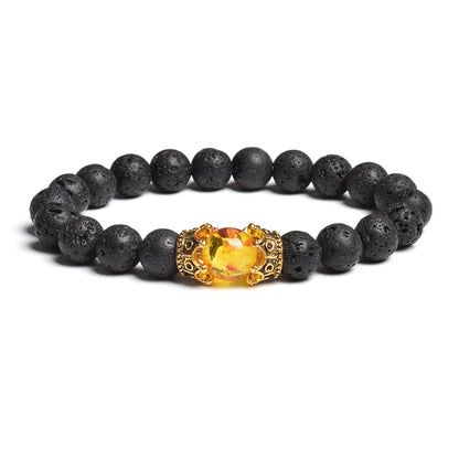 Black Lava Stone Crown Charm Tiger Eye Beads Bracelet
